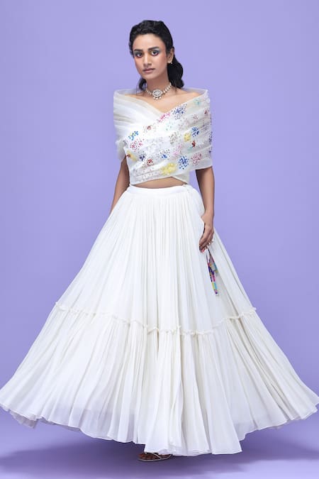 Buy_Raasa_Ivory Lehenga Georgette, Top Organza Gyan Embellished Draped And Tiered Set _Online_at_Aza_Fashions