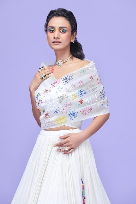 Shop_Raasa_Ivory Lehenga Georgette, Top Organza Gyan Embellished Draped And Tiered Set _Online_at_Aza_Fashions