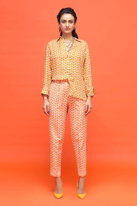 Raasa_Orange Crepe, Georgette Floral Shirt Collar Ulta Tulip And Pant Set _Online_at_Aza_Fashions