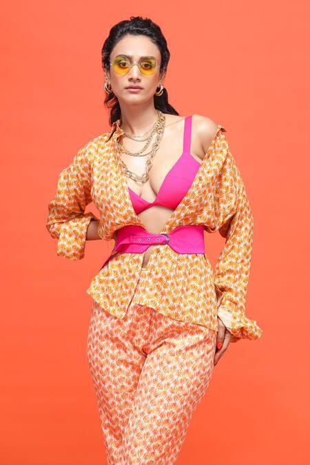 Raasa Orange Crepe, Georgette Floral Shirt Collar Ulta Tulip And Pant Set at Aza Fashions Raasa_Orange Crepe, Georgette Floral Shirt Collar Ulta Tulip And Pant Set _at_Aza_Fashions