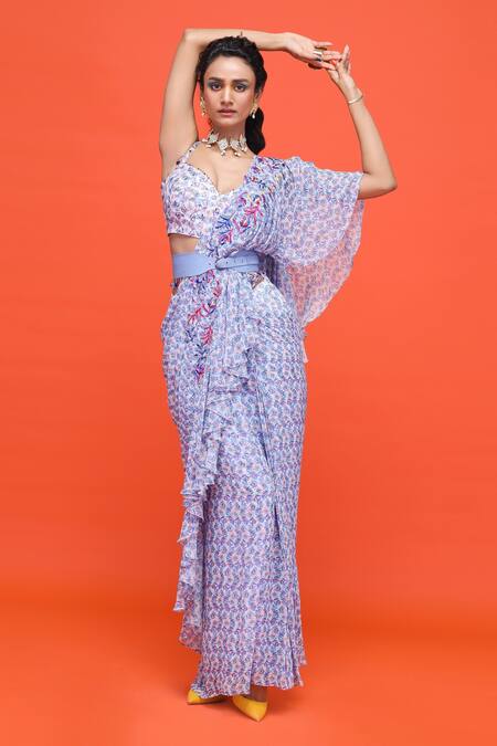 Shop Raasa Multi Color Crepe, Georgette Floral Sweetheart Neck Pre-draped Saree With Blouse Online at Aza Fashions Shop_Raasa_Multi Color Crepe, Georgette Floral Sweetheart Neck Pre-draped Saree With Blouse _Online_at_Aza_Fashions