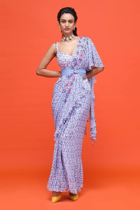 Raasa Multi Color Crepe, Georgette Floral Sweetheart Neck Pre-draped Saree With Blouse at Aza Fashions Raasa_Multi Color Crepe, Georgette Floral Sweetheart Neck Pre-draped Saree With Blouse _at_Aza_Fashions