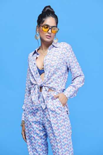 Buy_Raasa_Multi Color Crepe Tulip Print Collared Neck Shirt And Pant Set _Online_at_Aza_Fashions