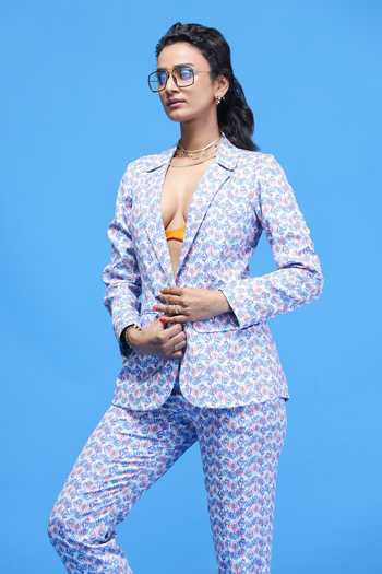 Shop_Raasa_Multi Color Crepe Tulip Print Notched Lapel Ulta Blazer And Pant Set _Online_at_Aza_Fashions