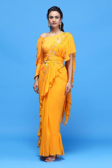 Raasa_Orange Crepe, Georgette Sequin Embroidered Pre-draped Saree With Blouse _Online_at_Aza_Fashions