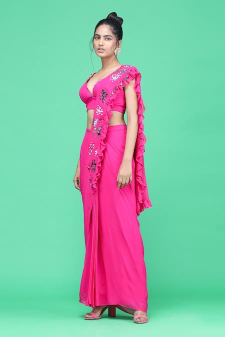 Raasa_Pink Crepe, Georgette Sequin Crystal Embroidered Pre-draped Saree With Blouse _Online_at_Aza_Fashions