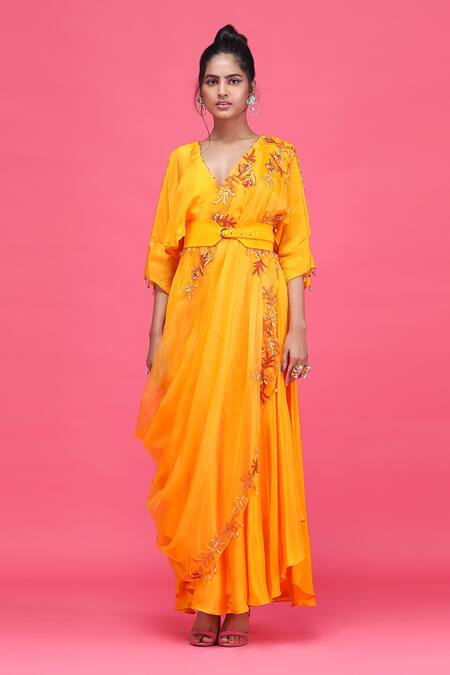Raasa_Orange Silk, Drape Organza Sequin, Bead And Thread Work Dress With Embroidered _Online_at_Aza_Fashions