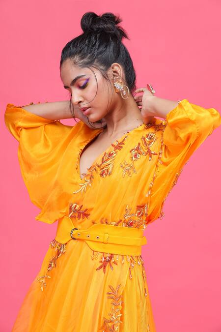 Shop_Raasa_Orange Silk, Drape Organza Sequin, Bead And Thread Work Dress With Embroidered _Online_at_Aza_Fashions