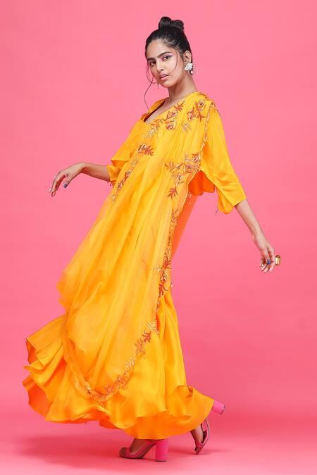 Raasa_Orange Silk, Drape Organza Sequin, Bead And Thread Work Dress With Embroidered _at_Aza_Fashions