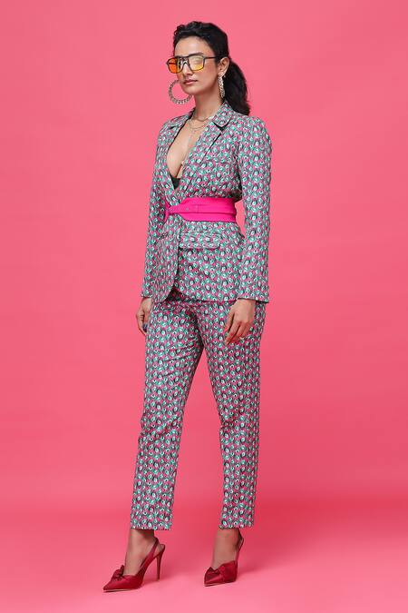 Raasa_Green Crepe Tulip Print Notched Lapel Collar Blazer And Pant Set _Online_at_Aza_Fashions