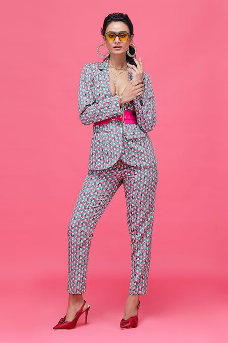 Shop_Raasa_Green Crepe Tulip Print Notched Lapel Collar Blazer And Pant Set _Online_at_Aza_Fashions