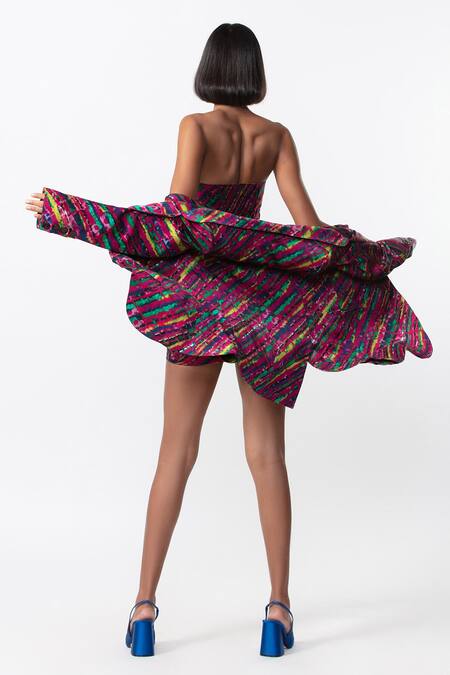 Saaksha & Kinni_Purple Satin Abstract Leheriya Print Blazer_Online_at_Aza_Fashions