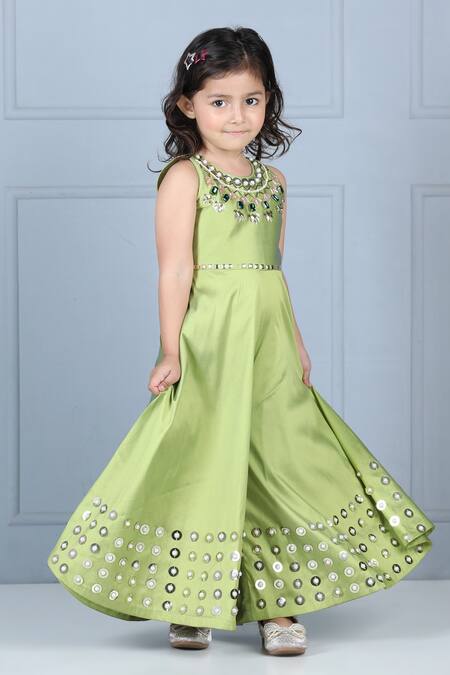 The Little Celebs_Green Silk, Crepe Embroidery, Pearls, Stones Flared Jumpsuit _Online_at_Aza_Fashions