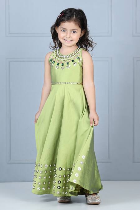 Buy_The Little Celebs_Green Silk, Crepe Embroidery, Pearls, Stones Flared Jumpsuit _Online_at_Aza_Fashions