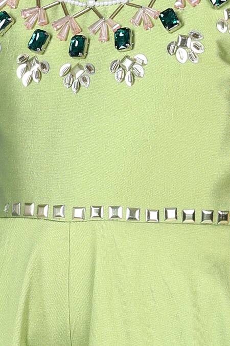 Shop_The Little Celebs_Green Silk, Crepe Embroidery, Pearls, Stones Flared Jumpsuit _Online_at_Aza_Fashions