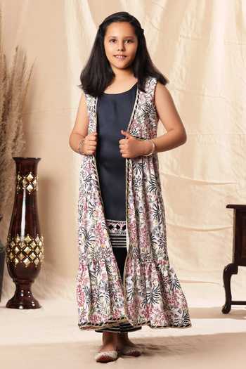 Shop_Littlecheer_White Modal, Cotton, Viscose Lace Kurta Set With Printed Shrug _Online_at_Aza_Fashions
