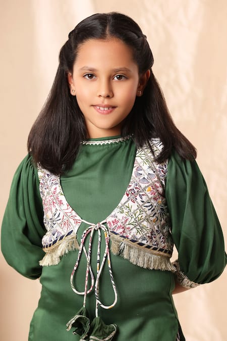 Shop_Littlecheer_Green Modal, Satin Gota Patti Border Kurta Dhoti Pant Set _Online_at_Aza_Fashions