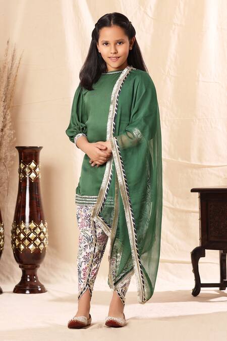 Littlecheer_Green Modal, Cotton, Viscose, Chiffon Gota Patti Straight Kurta Dhoti Pant Set _Online_at_Aza_Fashions