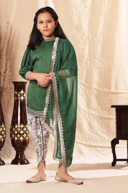 Shop_Littlecheer_Green Modal, Cotton, Viscose, Chiffon Gota Patti Straight Kurta Dhoti Pant Set _Online_at_Aza_Fashions