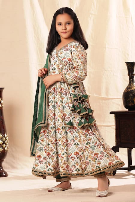 Littlecheer_White Viscose, Cotton Satin, Chiffon Gota Patti Printed Floral Anarkali Set _Online_at_Aza_Fashions