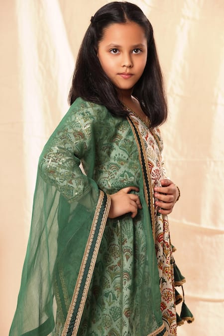 Shop_Littlecheer_White Viscose, Cotton Satin, Chiffon Gota Patti Printed Floral Anarkali Set _Online_at_Aza_Fashions