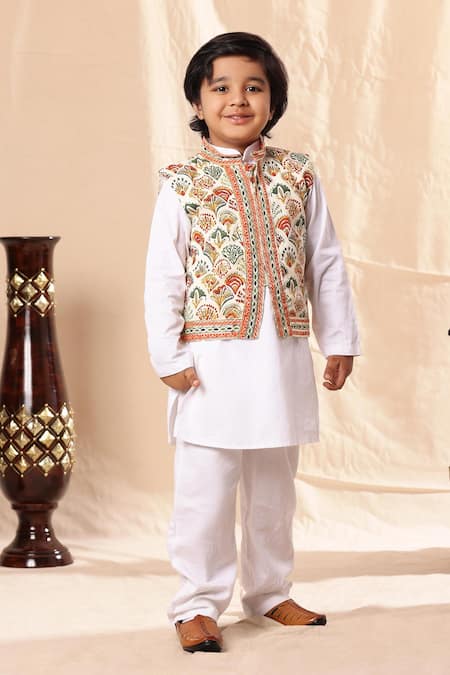 Littlecheer_White Satin, Viscose, Gota Printed Kurta Set With Nehru Jacket _Online_at_Aza_Fashions