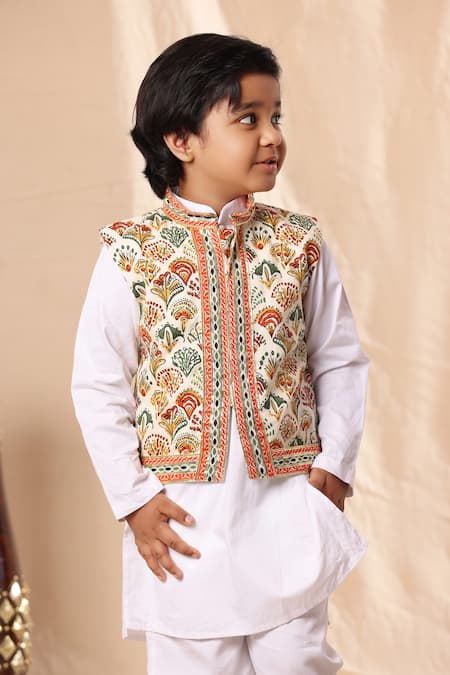 Shop_Littlecheer_White Satin, Viscose, Gota Printed Kurta Set With Nehru Jacket _Online_at_Aza_Fashions