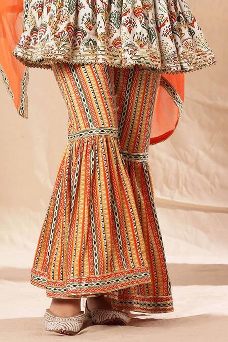 Littlecheer_Multi Color Viscose, Cotton, Chiffon Botanic Print Frock Kurta Sharara Set _at_Aza_Fashions