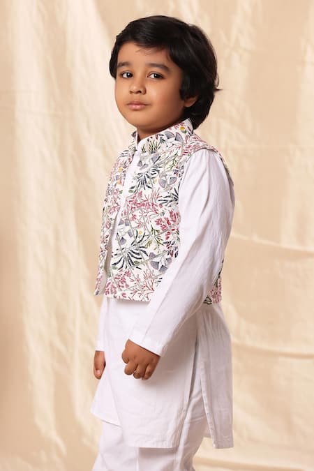 Littlecheer_White Viscose, , Printed Kurta Set With Asymmetric Panel Jacket _Online_at_Aza_Fashions