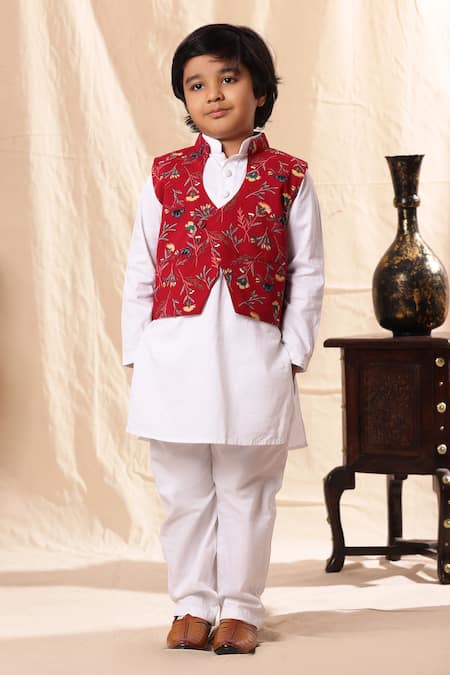 Littlecheer_White Viscose, , Satin Floral Work Kurta Set With Jacket _Online_at_Aza_Fashions