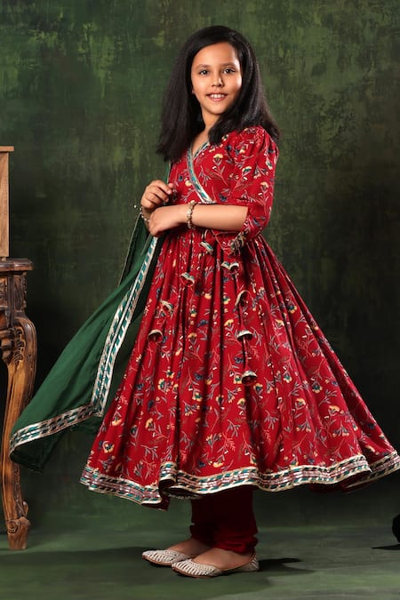Littlecheer_Red Viscose, Cotton, Modal, Satin, Chiffon Anarkali Set With Contrast Dupatta _Online_at_Aza_Fashions