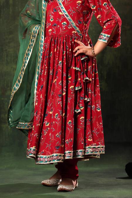 Buy_Littlecheer_Red Viscose, Cotton, Modal, Satin, Chiffon Anarkali Set With Contrast Dupatta _Online_at_Aza_Fashions