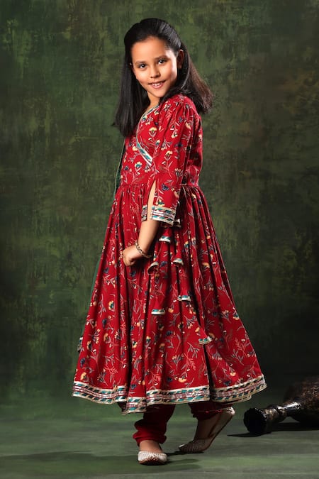 Shop_Littlecheer_Red Viscose, Cotton, Modal, Satin, Chiffon Anarkali Set With Contrast Dupatta _Online_at_Aza_Fashions