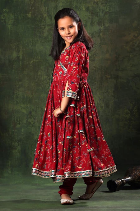 Shop_Littlecheer_Red Viscose, Cotton, Modal, Satin, Chiffon Anarkali Set With Contrast Dupatta _Online_at_Aza_Fashions