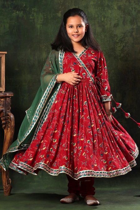 Littlecheer_Red Viscose, Cotton, Modal, Satin, Chiffon Anarkali Set With Contrast Dupatta _at_Aza_Fashions