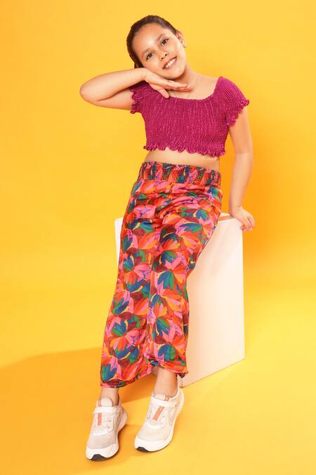 Littlecheer Multi Color Cotton, Modal Crop Top And Floral Print Pant Set Online at Aza Fashions Littlecheer_Multi Color Cotton, Modal Crop Top And Floral Print Pant Set _Online_at_Aza_Fashions