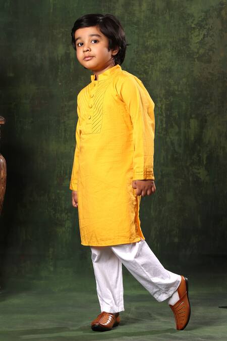 Littlecheer Yellow Cotton Satin Pintuck Kurta And White Pyjama Set Online at Aza Fashions Littlecheer_Yellow Cotton Satin Pintuck Kurta And White Pyjama Set _Online_at_Aza_Fashions