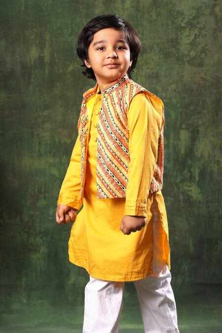 Littlecheer_Yellow Satin, Viscose, Gota Pintuck Kurta Set With Nehru Jacket _Online_at_Aza_Fashions