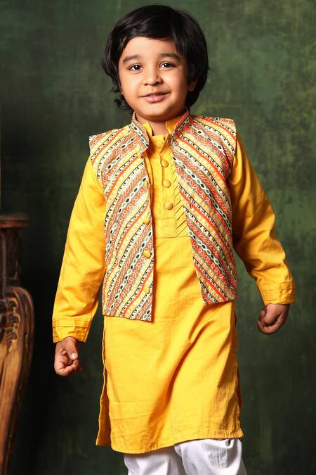 Buy_Littlecheer_Yellow Satin, Viscose, Gota Pintuck Kurta Set With Nehru Jacket _Online_at_Aza_Fashions