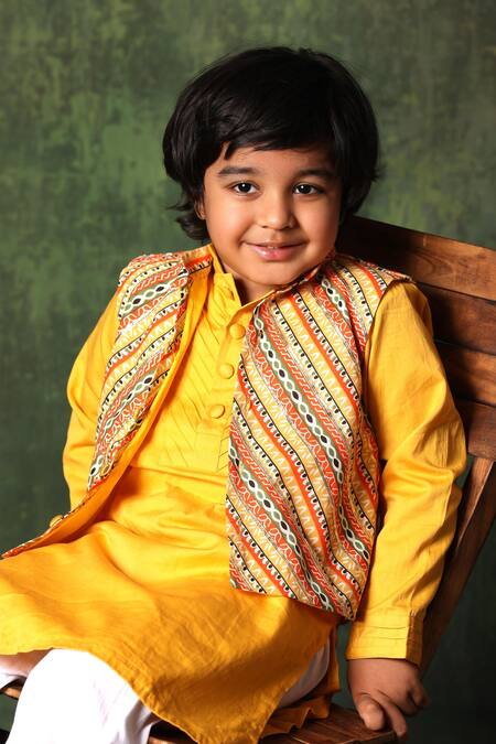 Shop_Littlecheer_Yellow Satin, Viscose, Gota Pintuck Kurta Set With Nehru Jacket _Online_at_Aza_Fashions