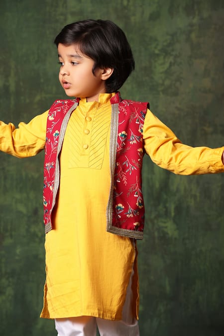 Shop_Littlecheer_Yellow Viscose, , Satin Gota Kurta Set With Floral Nehru Jacket _Online_at_Aza_Fashions