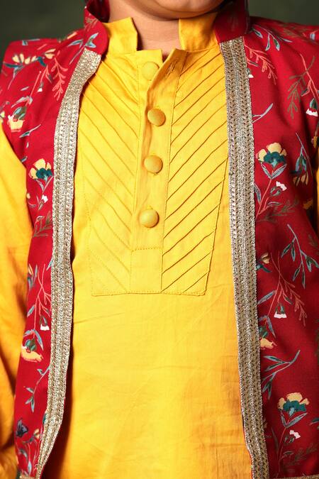 Littlecheer_Yellow Viscose, , Satin Gota Kurta Set With Floral Nehru Jacket _at_Aza_Fashions