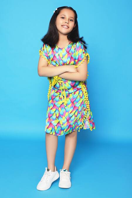 Littlecheer_Multi Color Viscose, Satin Feather Print Kaftan Dress _Online_at_Aza_Fashions