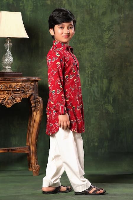 Littlecheer_Red Viscose, Cotton Satin Floral Print Kurta And Salwar Set _Online_at_Aza_Fashions