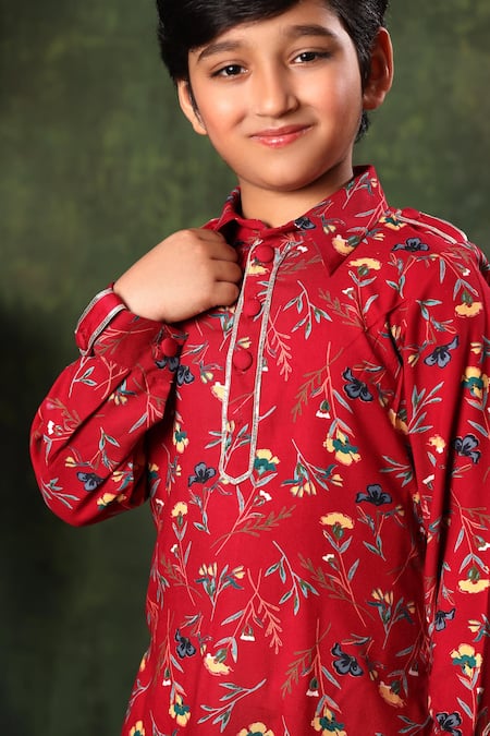 Buy_Littlecheer_Red Viscose, Cotton Satin Floral Print Kurta And Salwar Set _Online_at_Aza_Fashions