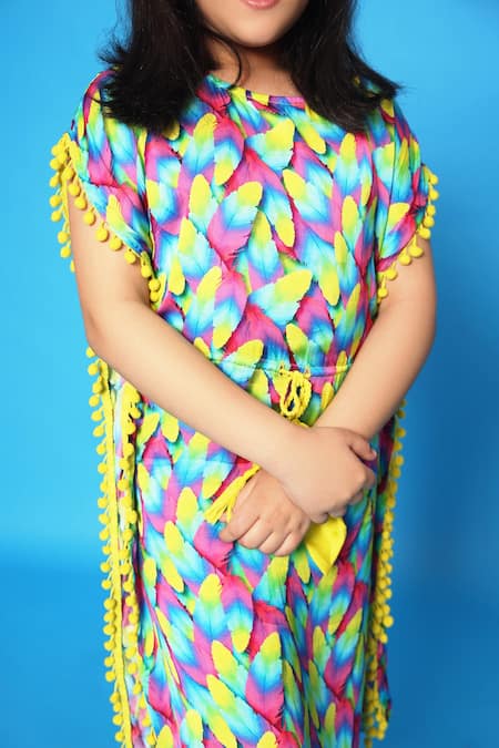 Shop_Littlecheer_Multi Color Viscose, Satin Feather Print Kaftan Dress _Online_at_Aza_Fashions