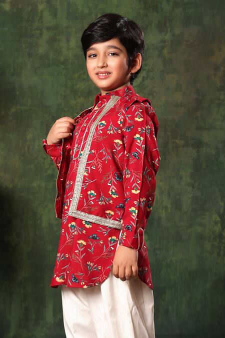 Shop Littlecheer Red Viscose, , Satin Gota Floral Print Nehru Jacket And Kurta Set Online at Aza Fashions Shop_Littlecheer_Red Viscose, , Satin Gota Floral Print Nehru Jacket And Kurta Set _Online_at_Aza_Fashions