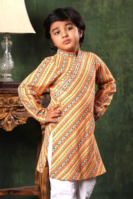 Littlecheer Multi Color Viscose, Cotton Satin Gota Patti Linear Print Kurta And Pyjama Set Online at Aza Fashions Littlecheer_Multi Color Viscose, Cotton Satin Gota Patti Linear Print Kurta And Pyjama Set _Online_at_Aza_Fashions