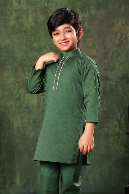 Littlecheer_Green Cotton Satin Solid Kurta And Pyjama Set _Online_at_Aza_Fashions