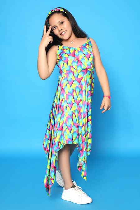 Littlecheer Multi Color Viscose, Satin Feather Print Handkerchief Dress Online at Aza Fashions Littlecheer_Multi Color Viscose, Satin Feather Print Handkerchief Dress _Online_at_Aza_Fashions